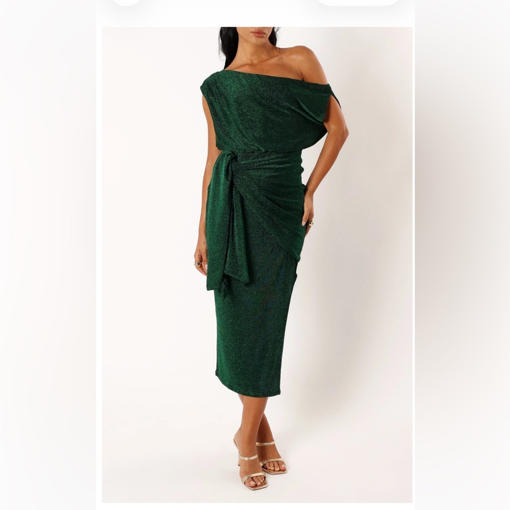 Petal & Pup Santiago Metallic Side Tie one Shoulder Midi Dress